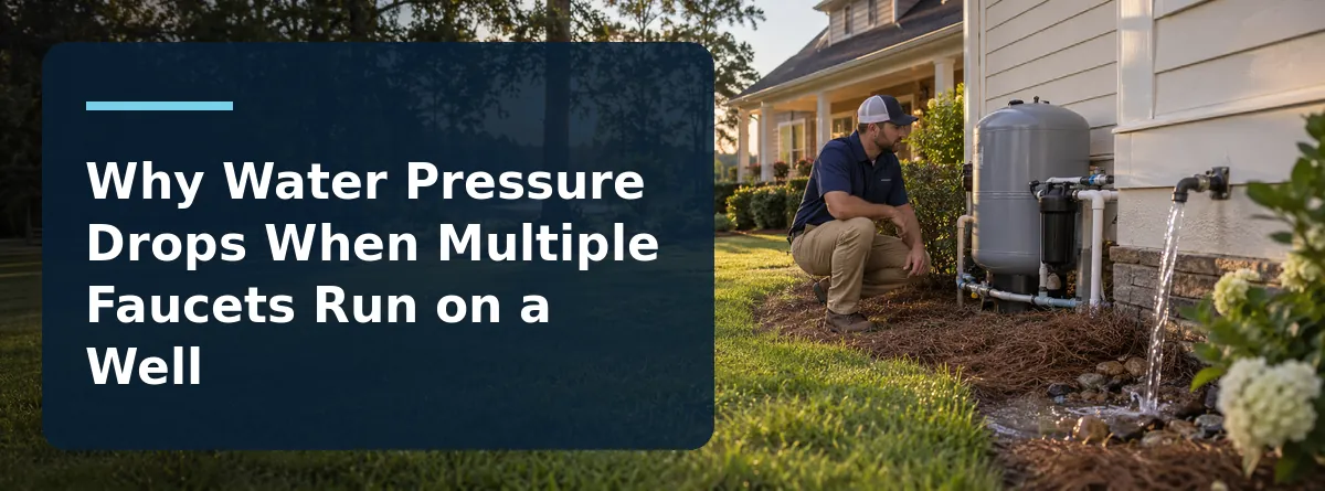 Rural South Carolina home water system serving several faucets while a technician evaluates well pressure