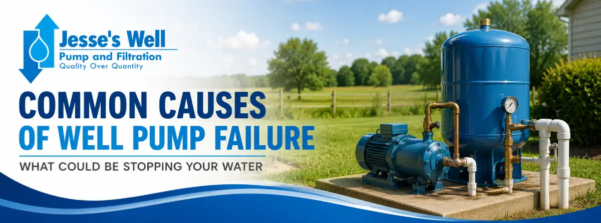 Blue well pump and pressure tank representing common causes of well pump failure