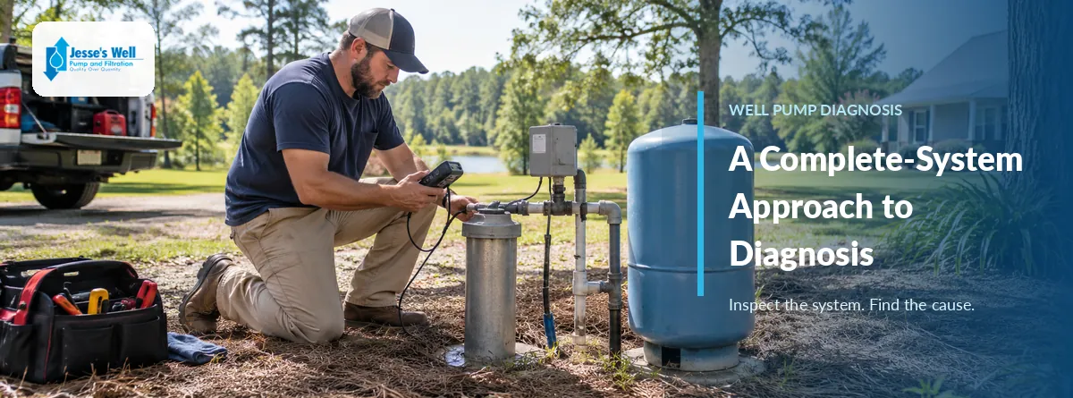 Well pump technician testing a residential well system on a South Carolina property