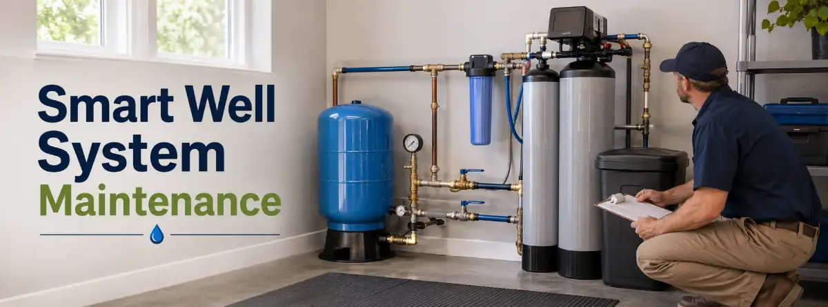 Well professional inspecting a pressure tank and water filtration equipment