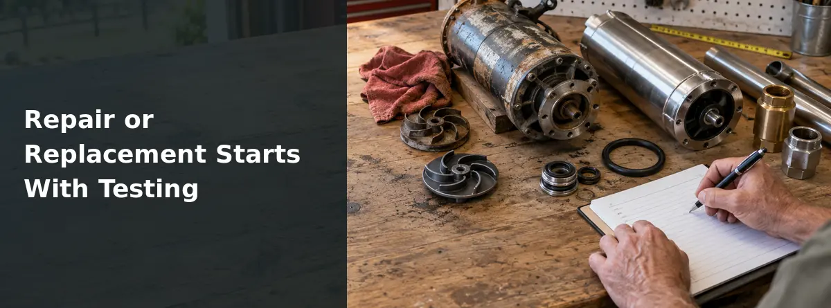 Old and replacement well pump components arranged for testing in a service workshop