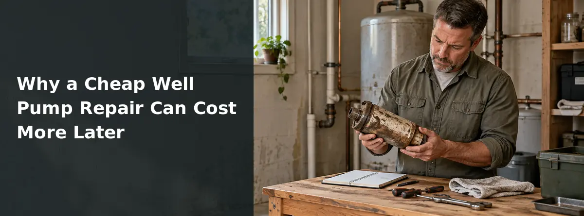 Homeowner examining a worn well pump component in a South Carolina utility room